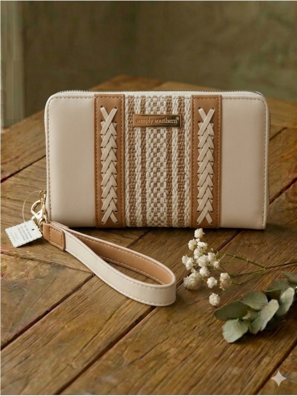 Simply Southern Cream & Tan Woven Wristlet Wallet full zipper NWTS